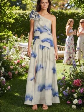 Marchesa One-Shoulder Ruffle Maxi Dress in Blue and White